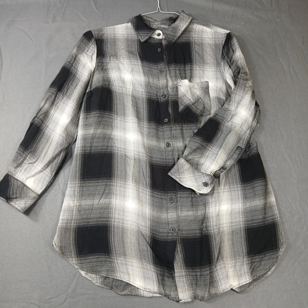 Ava & Viv Plaid Button Down Shirt‎ Womens X Black White Rayon Long Sleeve